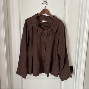KRISTA LARSON Brown 100% Linen Jacket Shirt Button Front Ruffle Collar OS